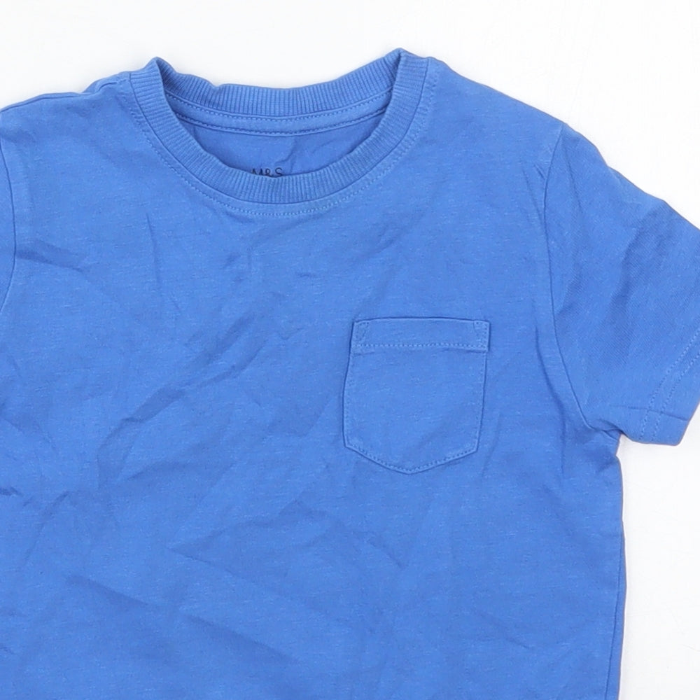 Marks and Spencer Boys Blue  Cotton Basic T-Shirt Size 4-5 Years Crew Neck Pullover - Chest Pocket