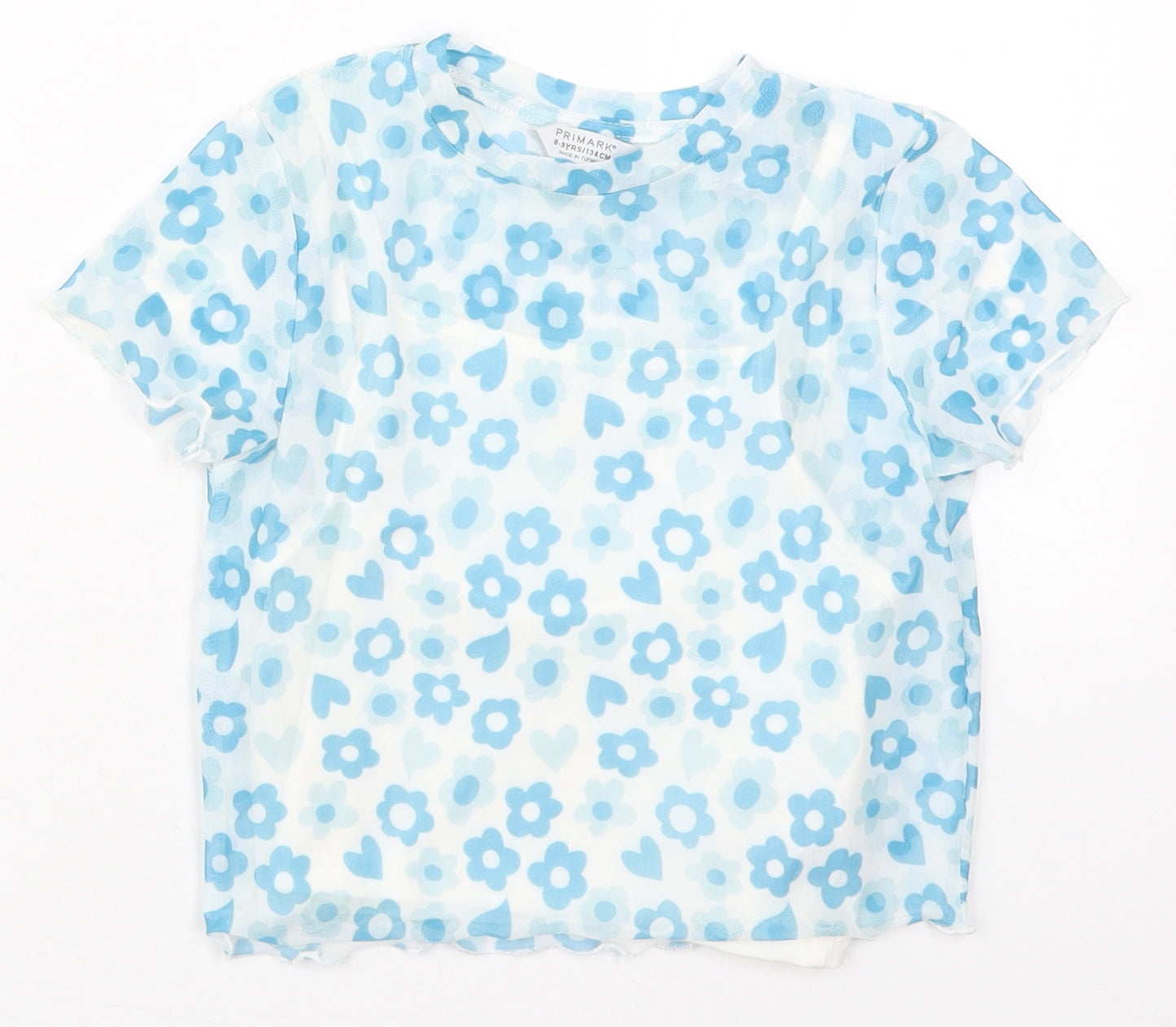 Primark Girls Blue Floral Polyester Basic T-Shirt Size 8-9 Years Crew Neck Pullover