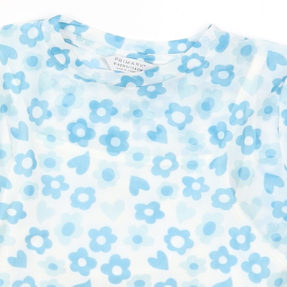 Primark Girls Blue Floral Polyester Basic T-Shirt Size 8-9 Years Crew Neck Pullover