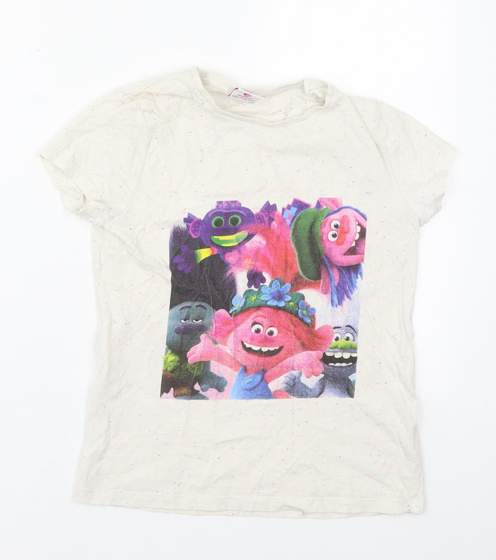 F&F Girls Beige Cotton Basic T-Shirt Size 9-10 Years Crew Neck Pullover - Trolls
