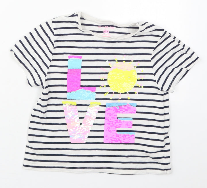 F&F Girls White Striped Cotton Cropped T-Shirt Size 9-10 Years Crew Neck Pullover - Love