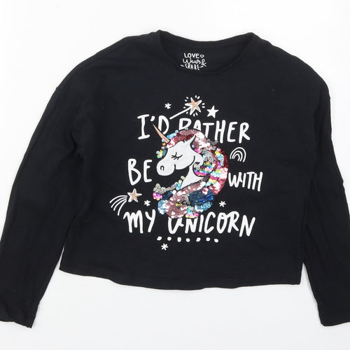 F&F Girls Black  Cotton Cropped T-Shirt Size 9-10 Years Crew Neck Pullover - I'd Rather Be With My Unicorn