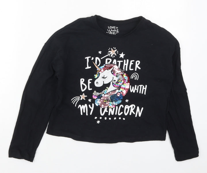 F&F Girls Black Cotton Cropped T-Shirt Size 9-10 Years Crew Neck Pullover - I'd Rather Be With My Unicorn