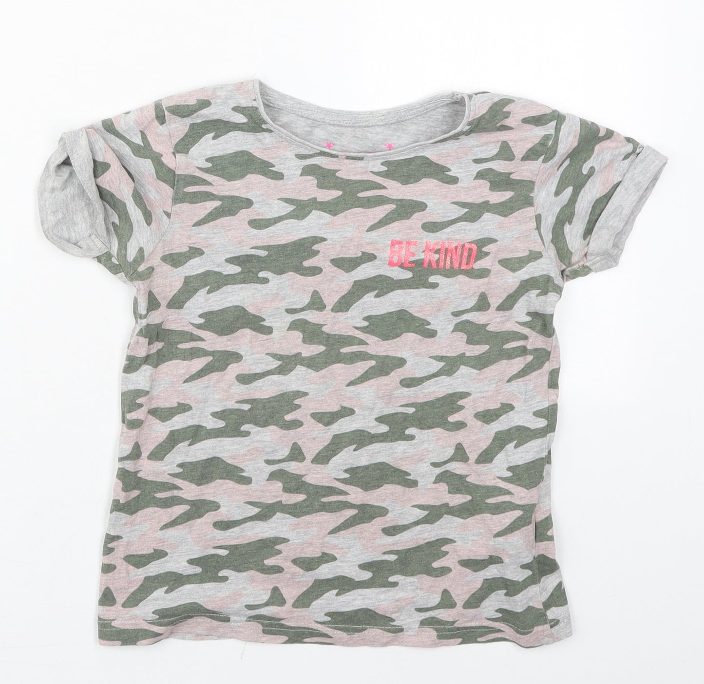 Primark Girls Green Camouflage Cotton Basic T-Shirt Size 8-9 Years Crew Neck Pullover - Be Kind