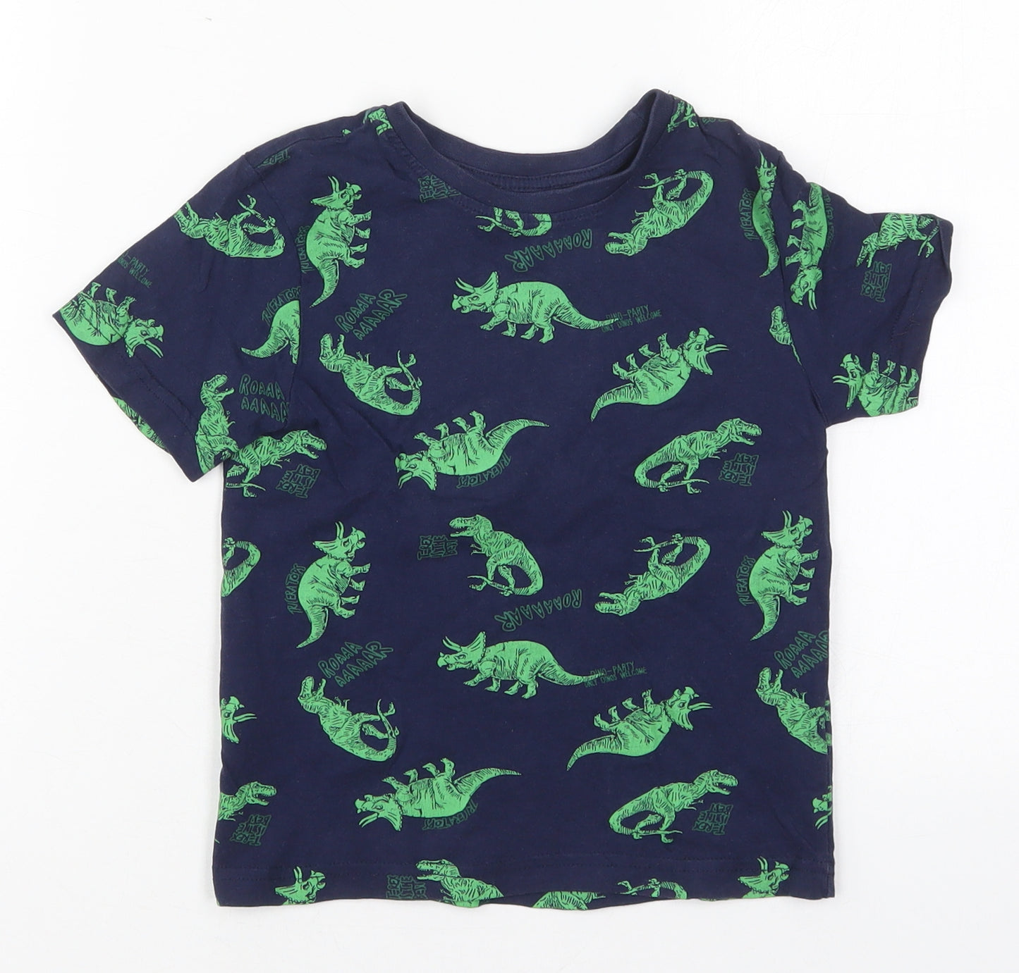 Primark Boys Blue  Cotton Basic T-Shirt Size 4-5 Years Crew Neck Pullover - Dinosaurs
