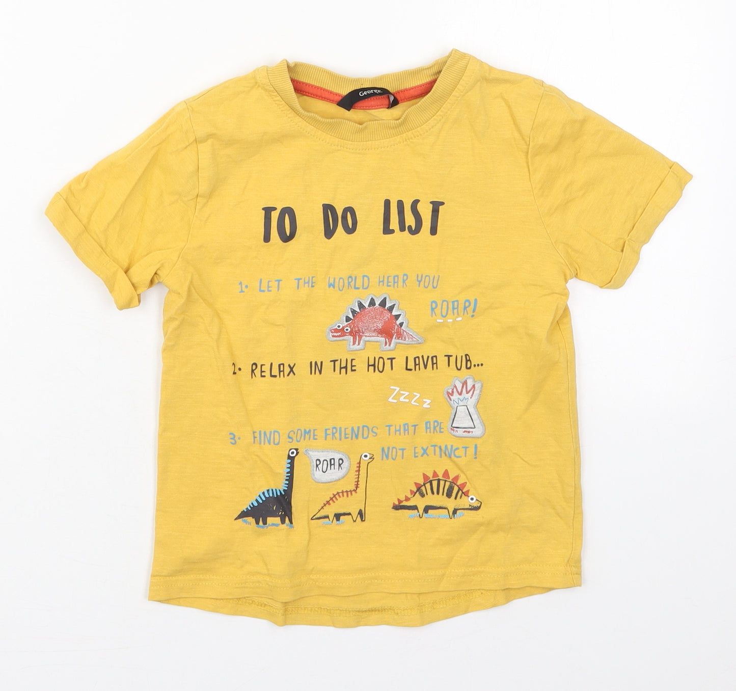 George Boys Yellow  Cotton Basic T-Shirt Size 4-5 Years Crew Neck Pullover - Dinosaur To Do List