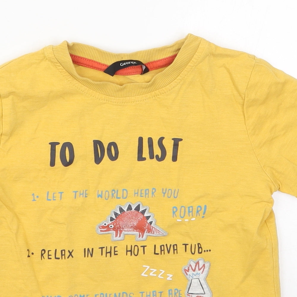George Boys Yellow  Cotton Basic T-Shirt Size 4-5 Years Crew Neck Pullover - Dinosaur To Do List