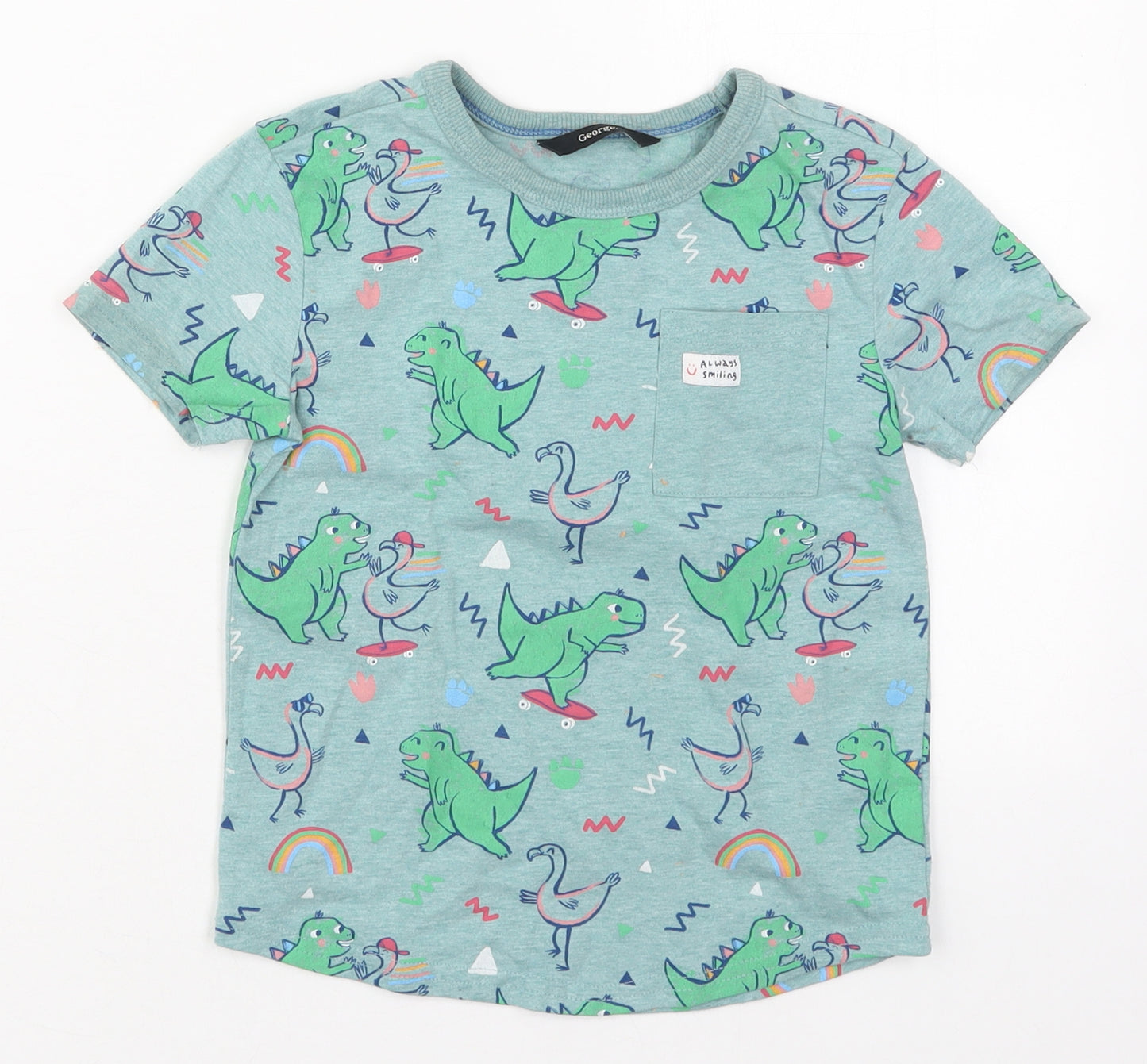 George Boys Green  Cotton Basic T-Shirt Size 4-5 Years Crew Neck Pullover - Dinosaurs