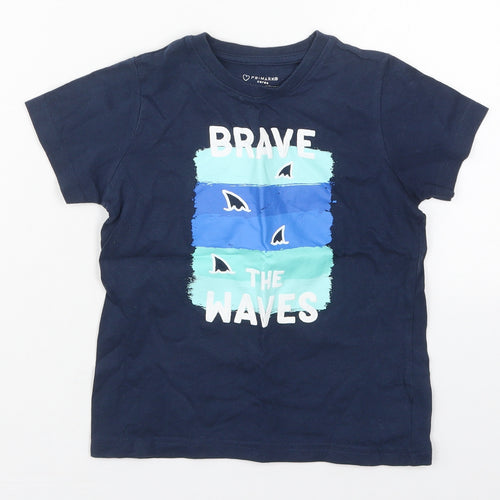 Primark Boys Blue  Cotton Basic T-Shirt Size 4-5 Years Crew Neck Pullover - Brave the Waves