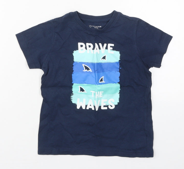 Primark Boys Blue  Cotton Basic T-Shirt Size 4-5 Years Crew Neck Pullover - Brave the Waves