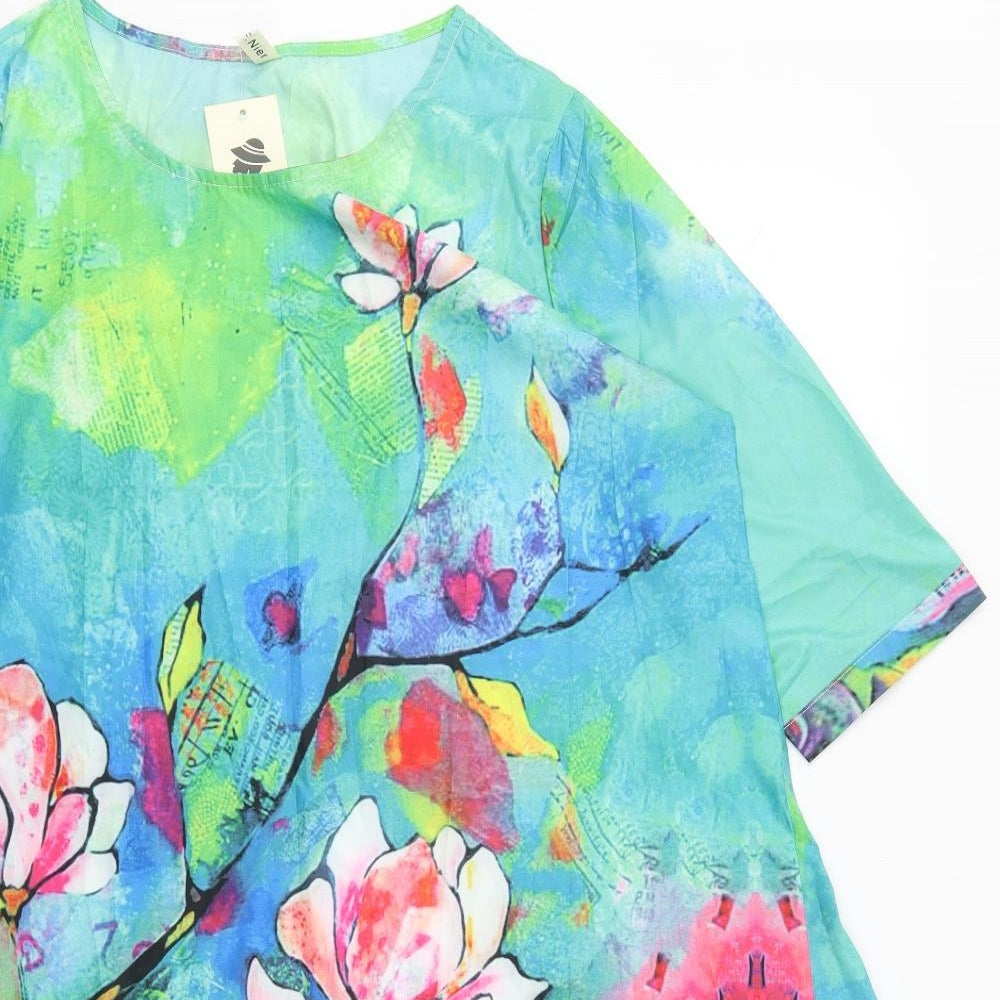 LF Nier Womens Blue Floral Polyester A-Line  Size 3XL  Round Neck Pullover