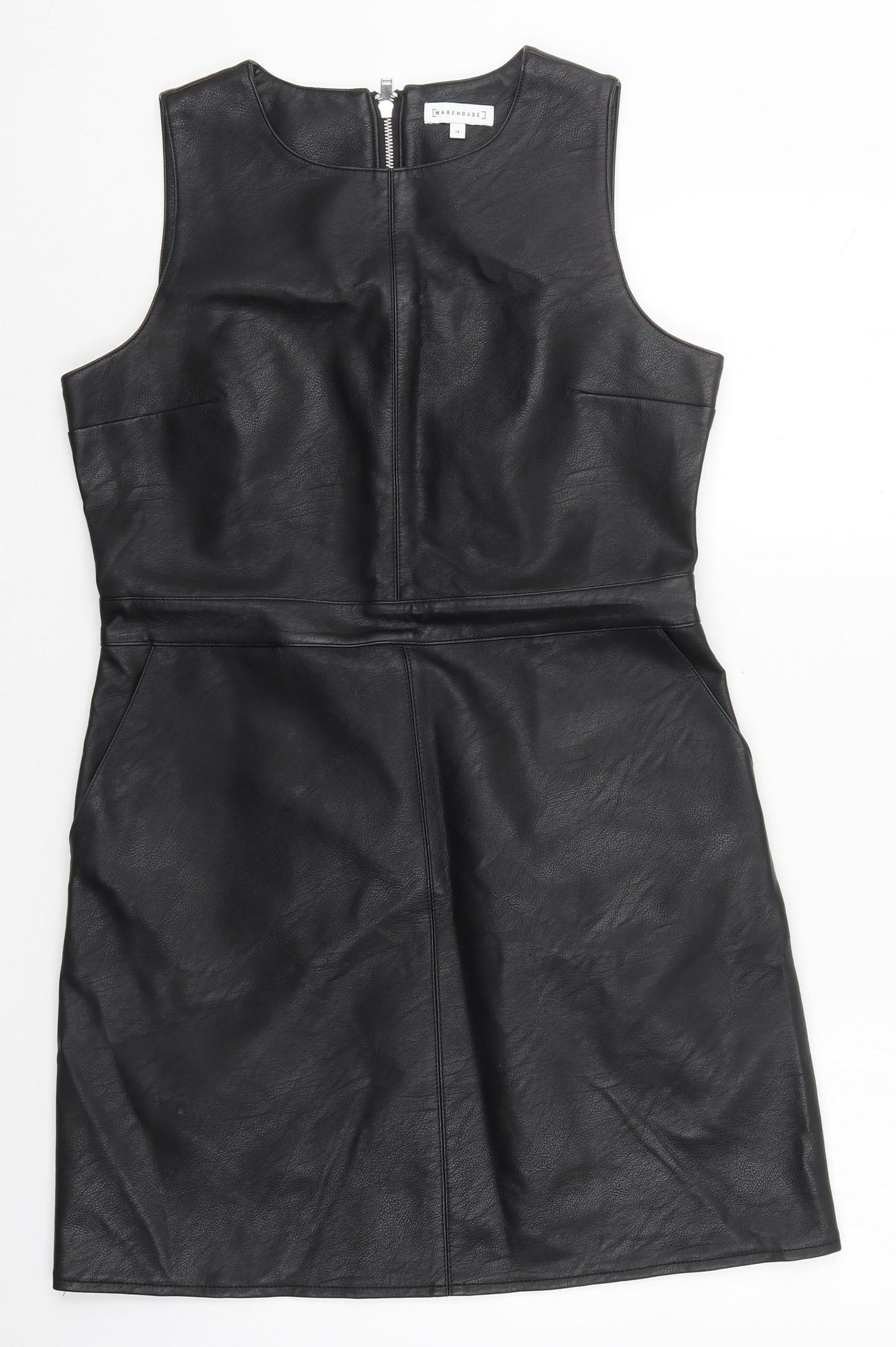 Warehouse Womens Black  Polyurethane Mini  Size 14  Round Neck Zip
