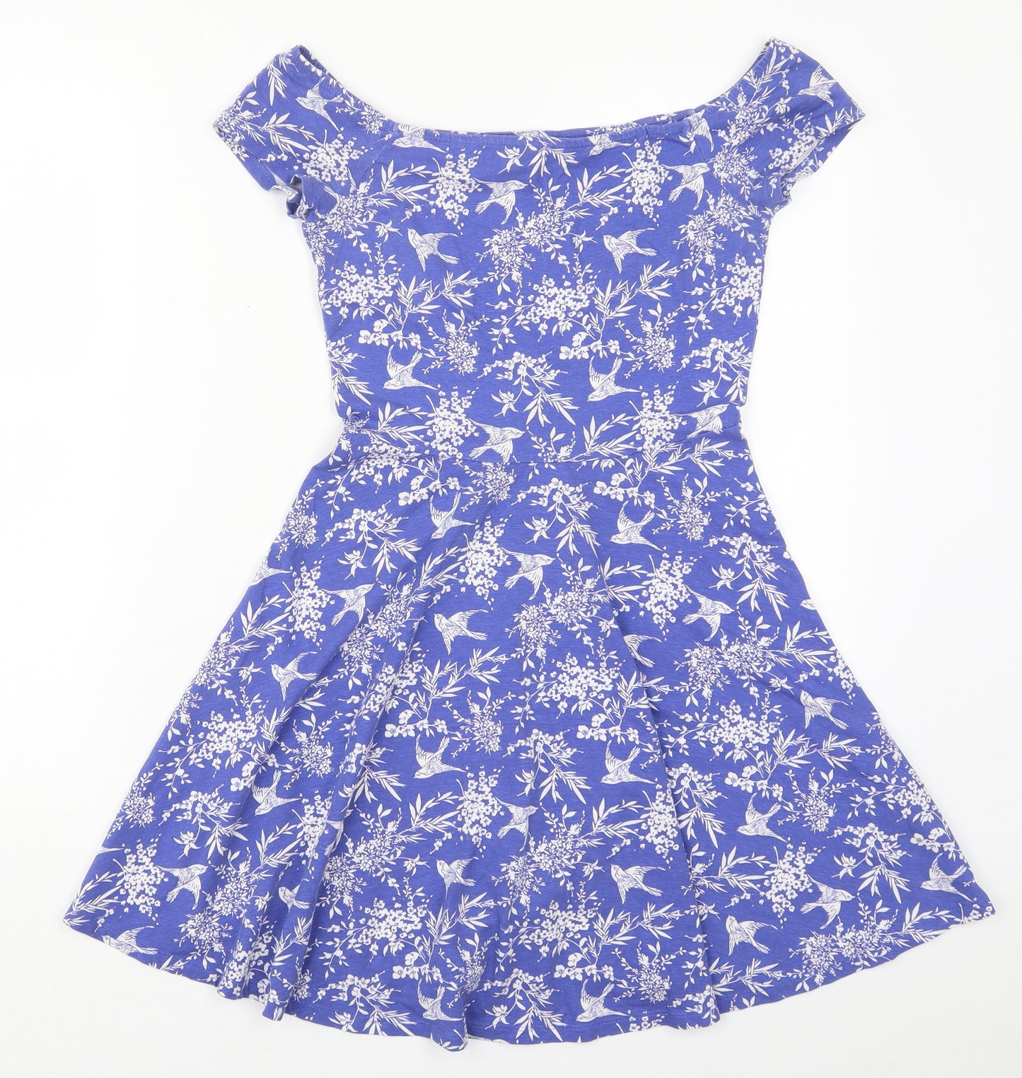 New Look Womens Blue Floral Cotton Skater Dress  Size 10  Off the Shoulder Pullover