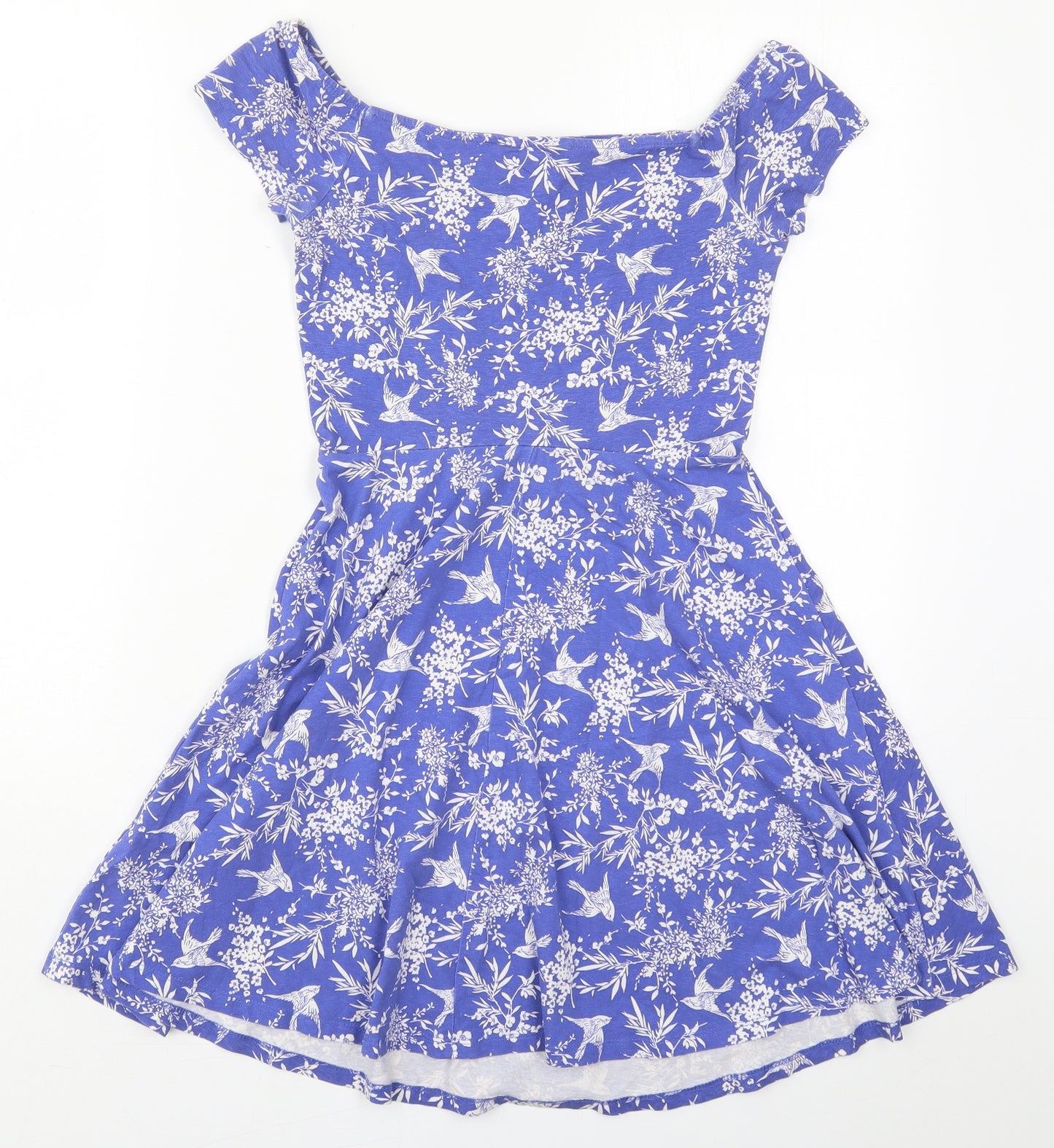New Look Womens Blue Floral Cotton Skater Dress  Size 10  Off the Shoulder Pullover