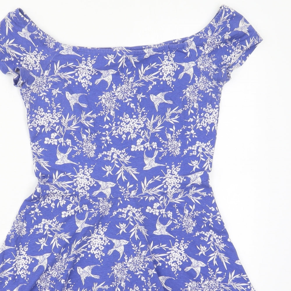 New Look Womens Blue Floral Cotton Skater Dress  Size 10  Off the Shoulder Pullover
