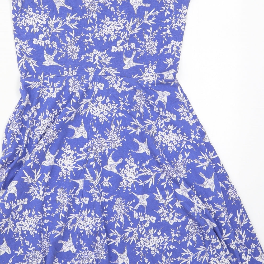 New Look Womens Blue Floral Cotton Skater Dress  Size 10  Off the Shoulder Pullover