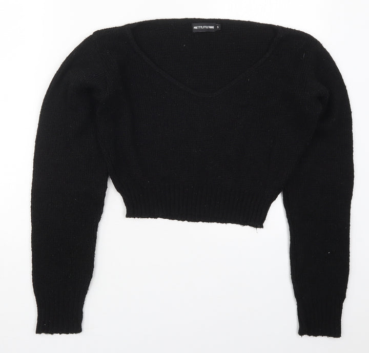 PRETTYLITTLETHING Womens Black V-Neck Acrylic Pullover Jumper Size S