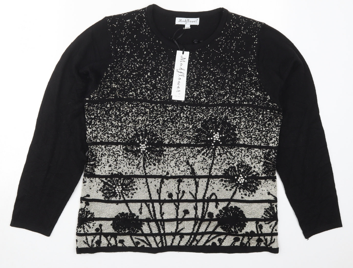 Mudflower Womens Black Crew Neck Floral Acrylic Pullover Jumper Size S