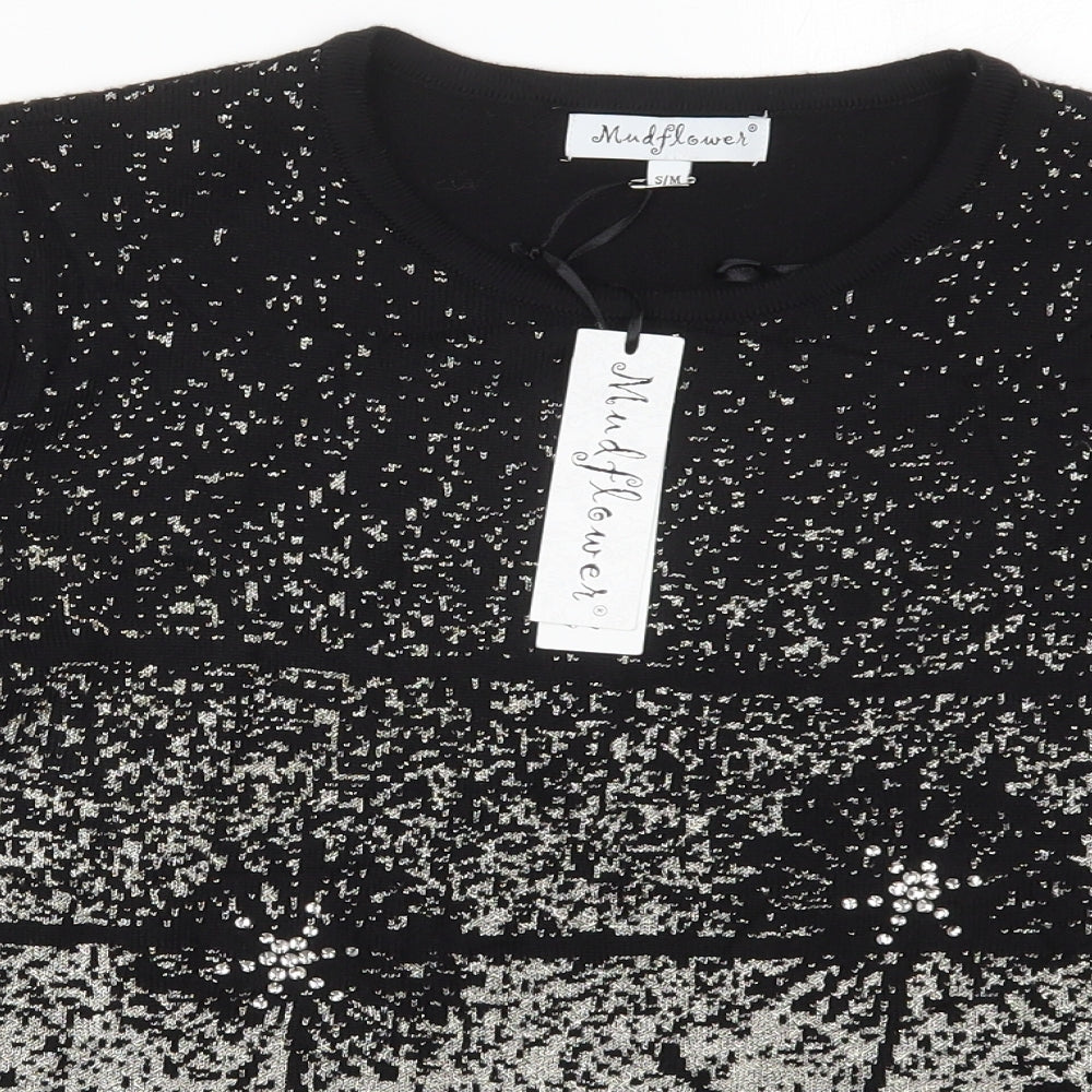 Mudflower Womens Black Crew Neck Floral Acrylic Pullover Jumper Size S