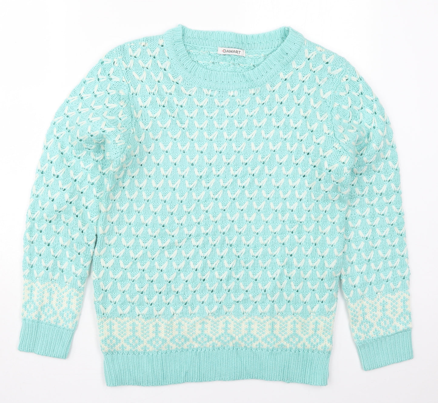 Damart Womens Blue Crew Neck Geometric Acrylic Pullover Jumper Size 10