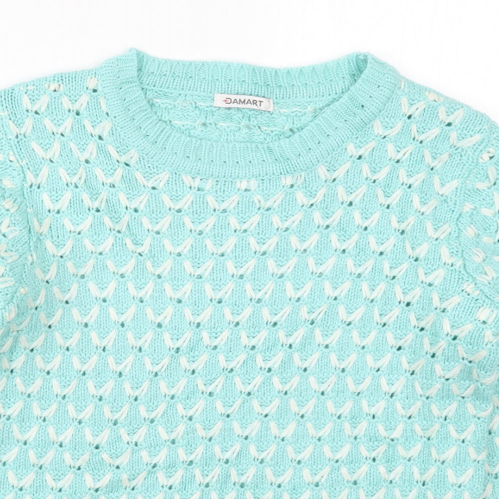 Damart Womens Blue Crew Neck Geometric Acrylic Pullover Jumper Size 10