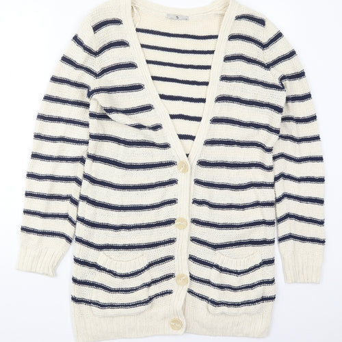 TU Womens Beige V-Neck Striped Cotton Cardigan Jumper Size 12