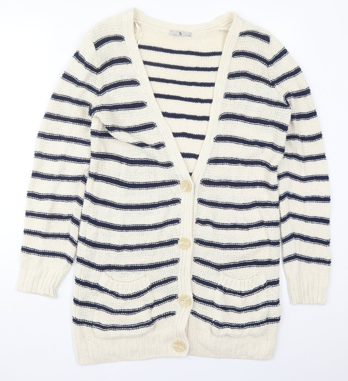 TU Womens Beige V-Neck Striped Cotton Cardigan Jumper Size 12