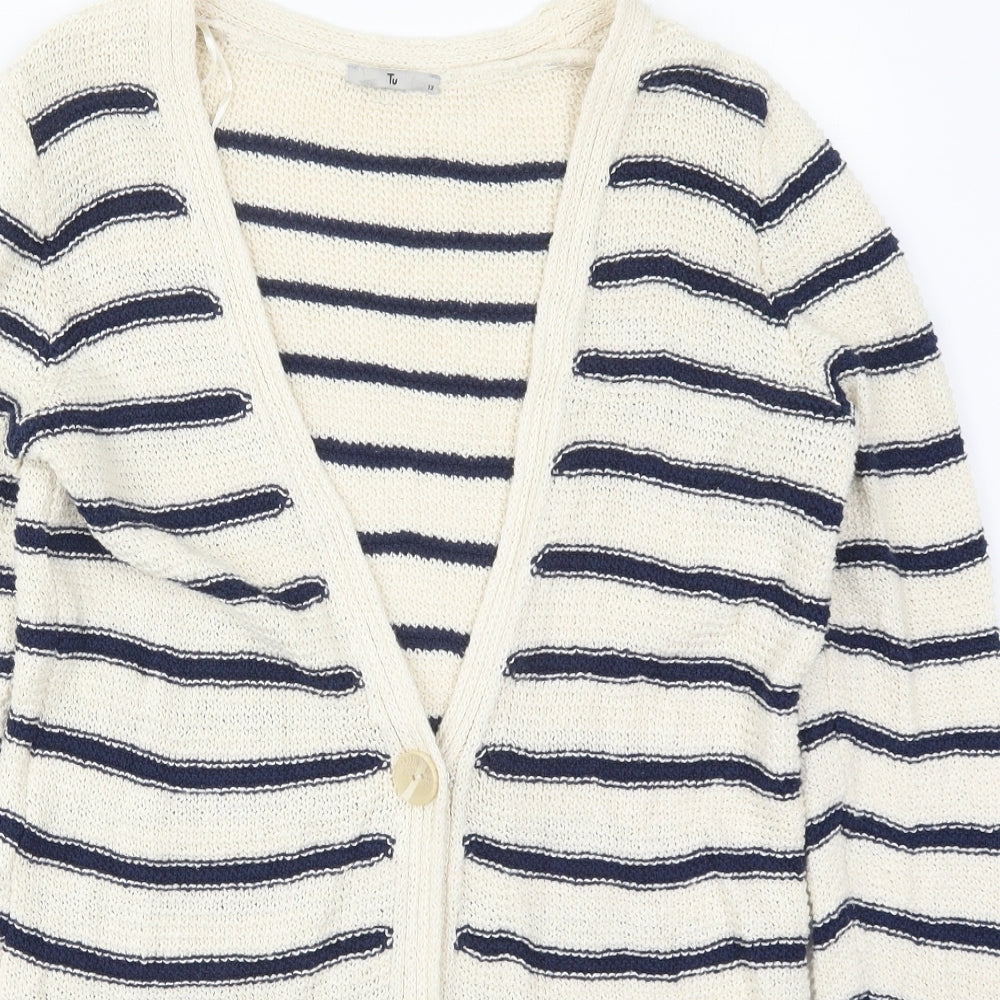 TU Womens Beige V-Neck Striped Cotton Cardigan Jumper Size 12