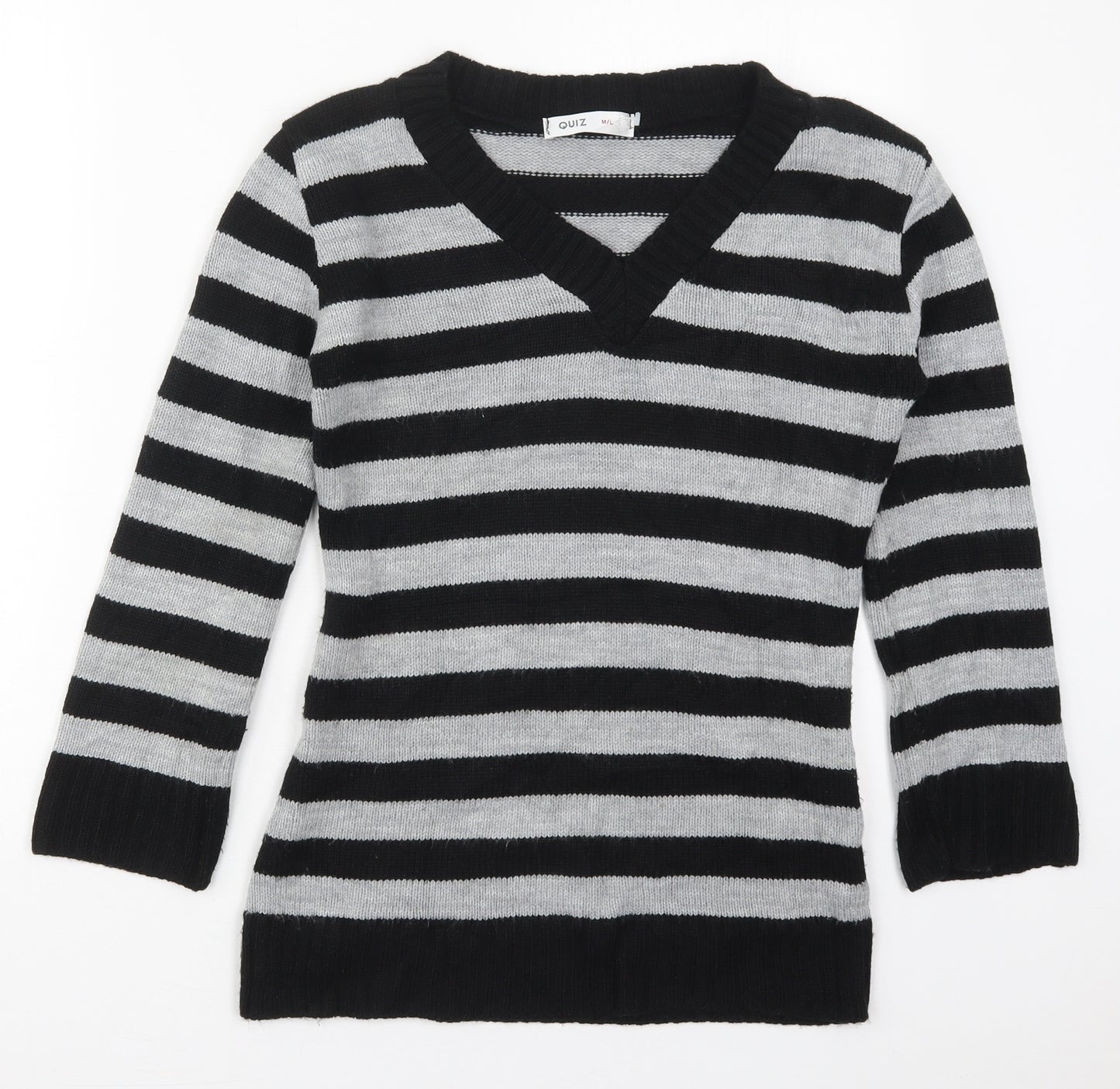 Quiz Womens Grey V-Neck Striped Acrylic Pullover Jumper Size M