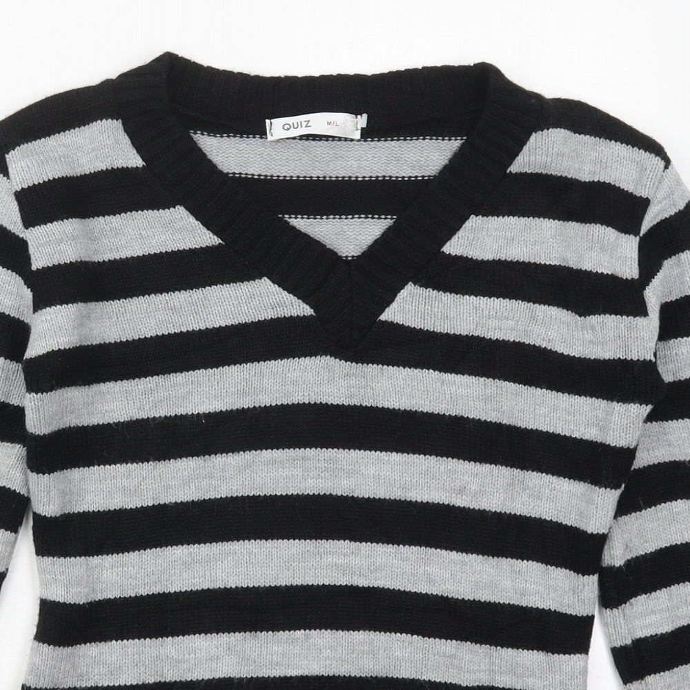 Quiz Womens Grey V-Neck Striped Acrylic Pullover Jumper Size M