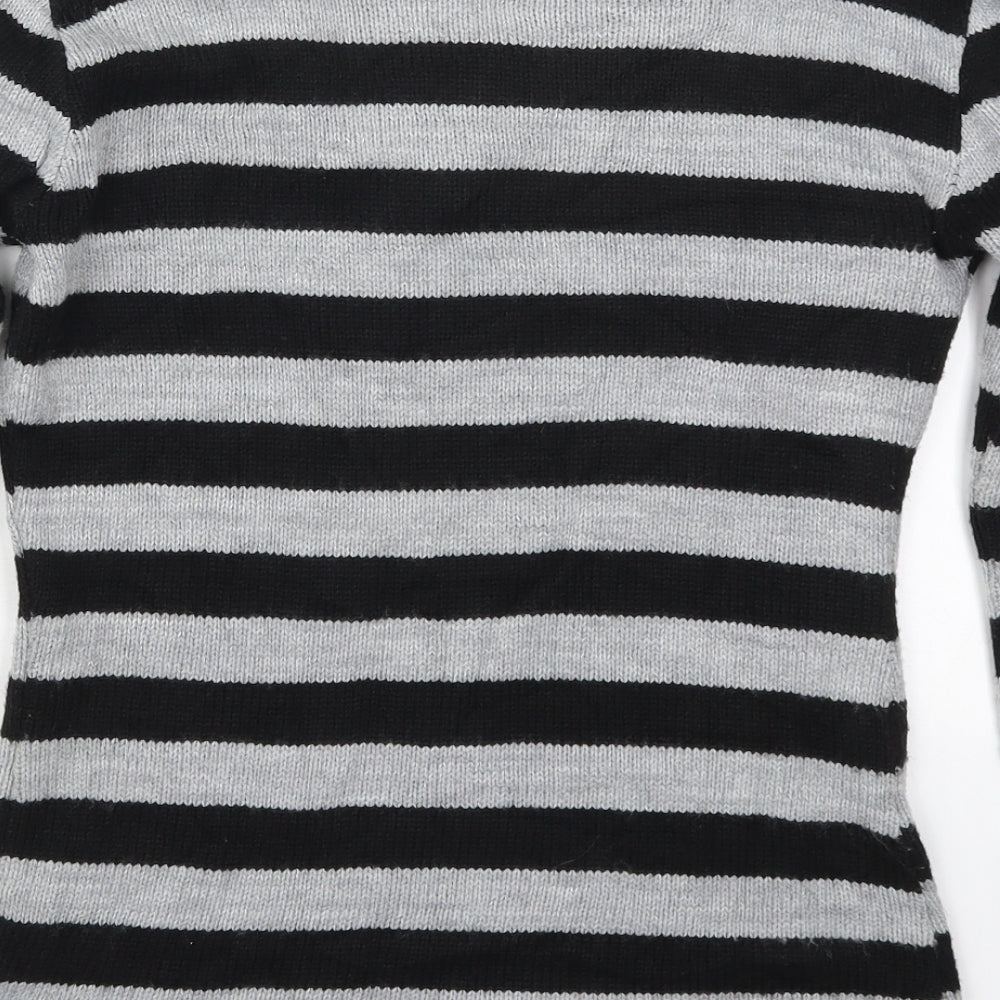 Quiz Womens Grey V-Neck Striped Acrylic Pullover Jumper Size M