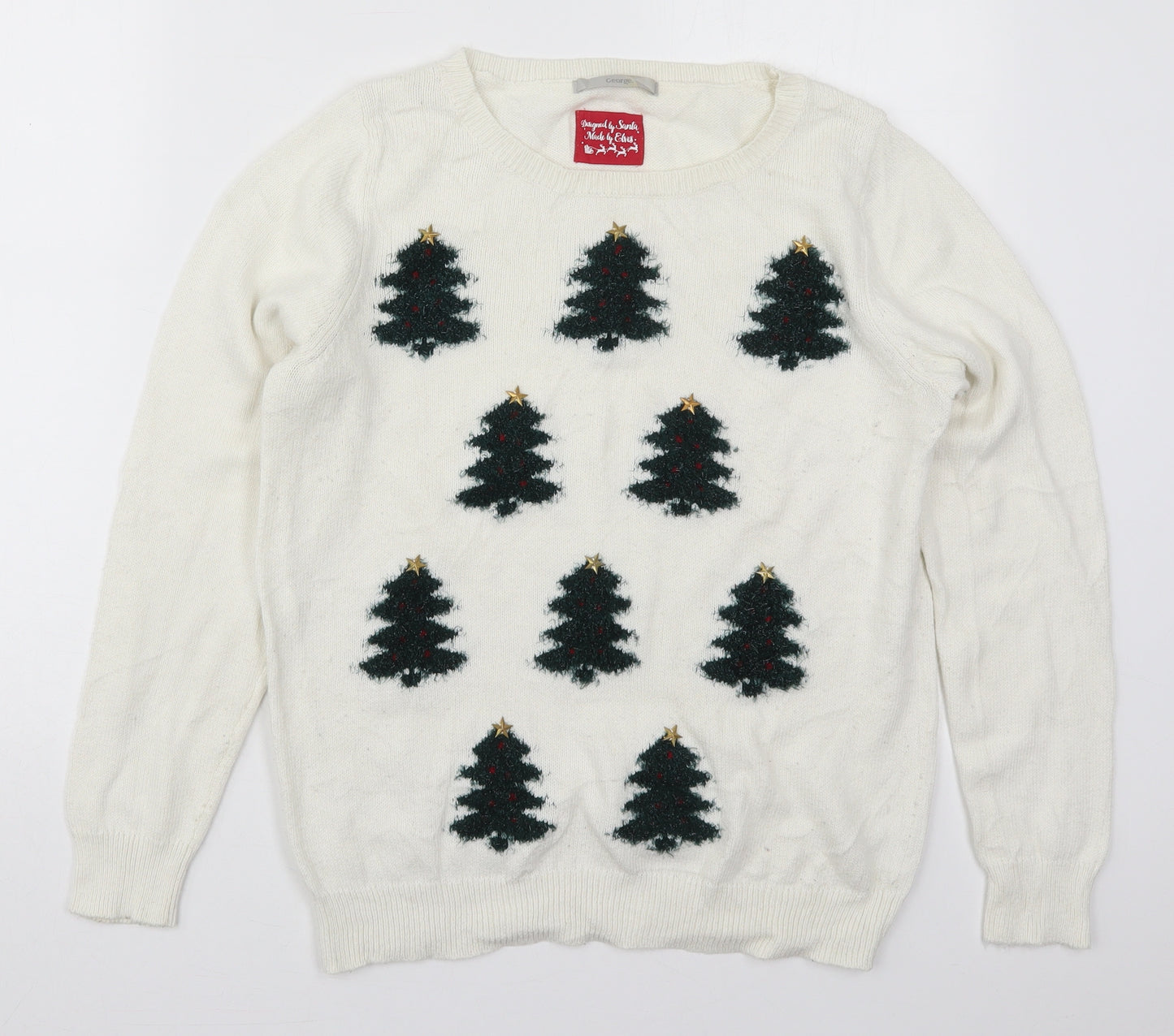 George Womens White Crew Neck  Cotton Pullover Jumper Size 10   - Christmas Trees