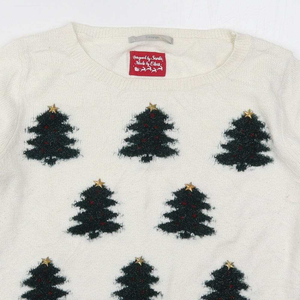 George Womens White Crew Neck  Cotton Pullover Jumper Size 10   - Christmas Trees