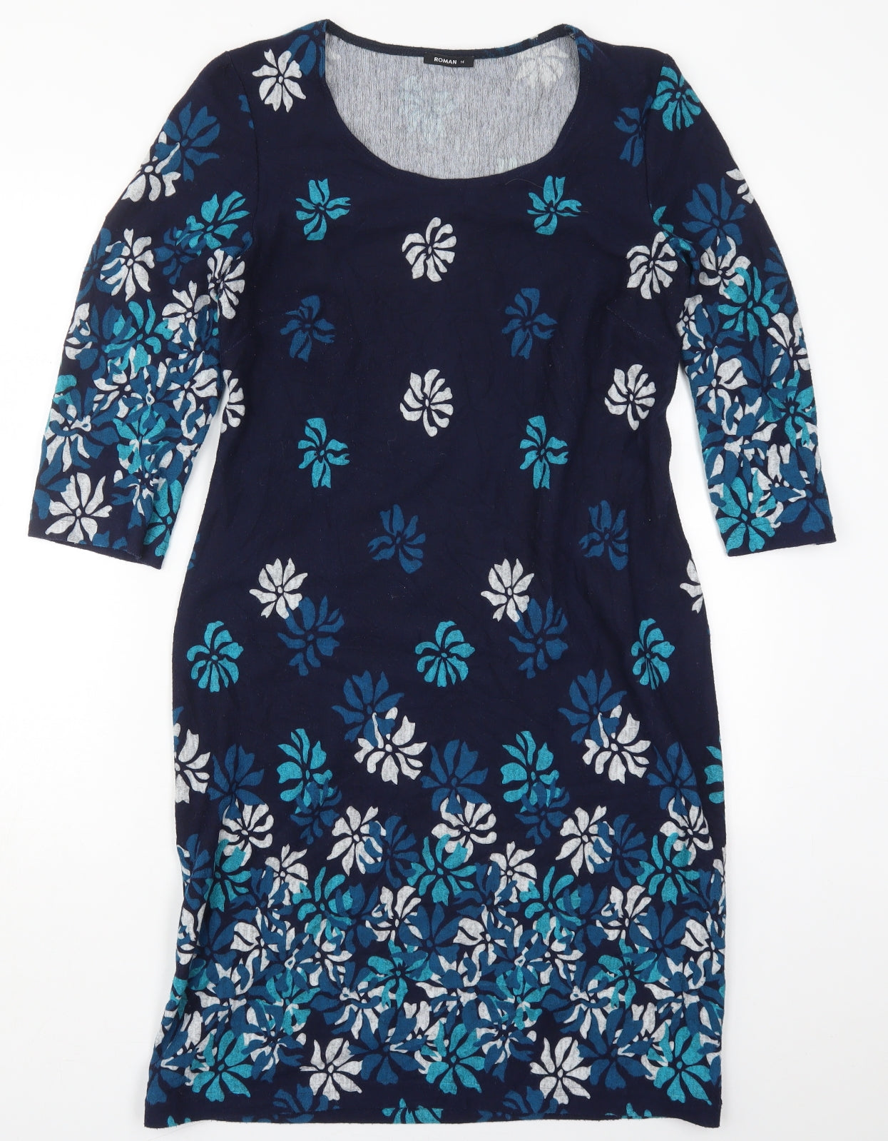 Roman Womens Blue Floral Polyester Jumper Dress  Size 14  Round Neck Pullover