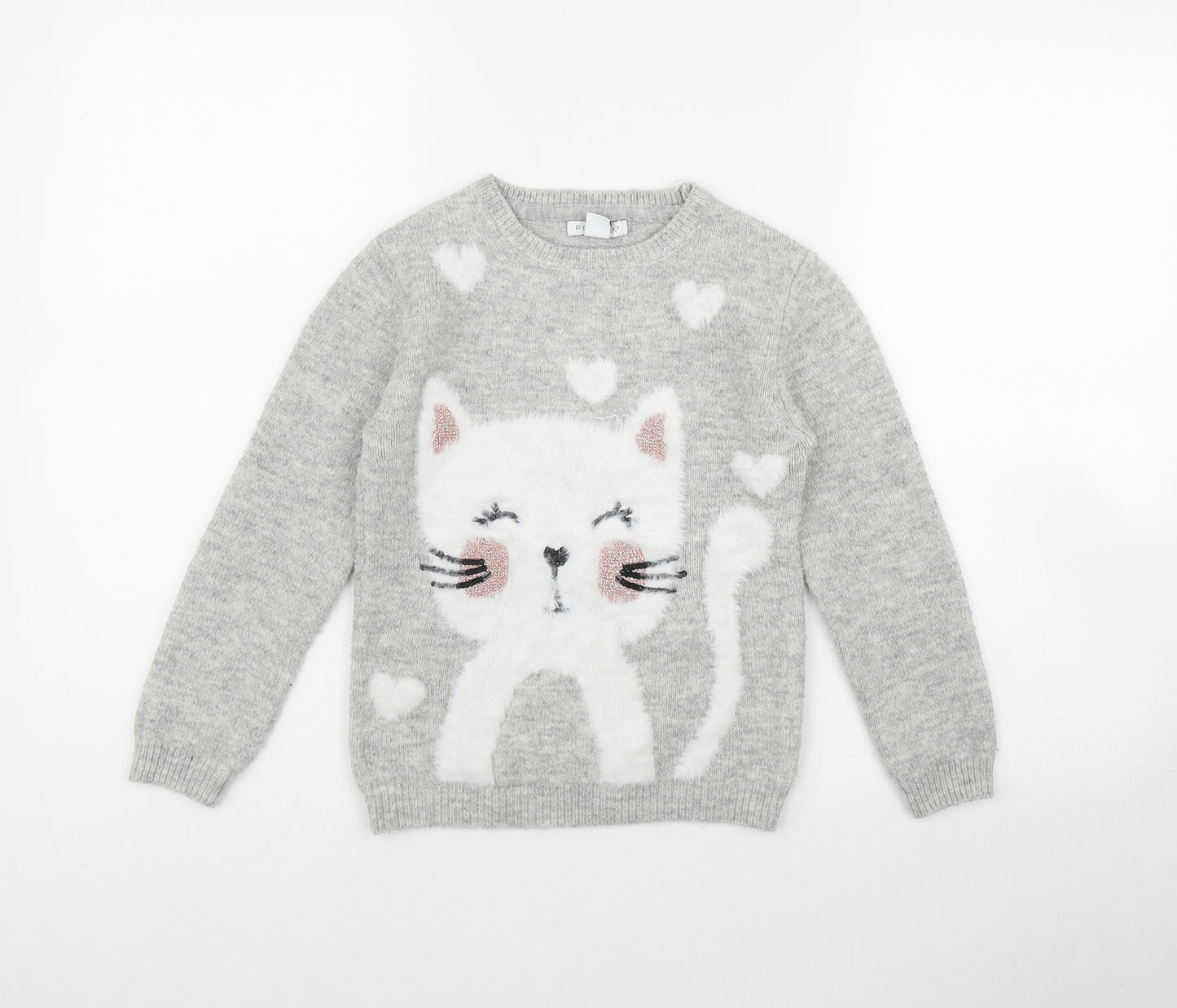 Primark Girls Grey Round Neck  Acrylic Pullover Jumper Size 7-8 Years   - Cat