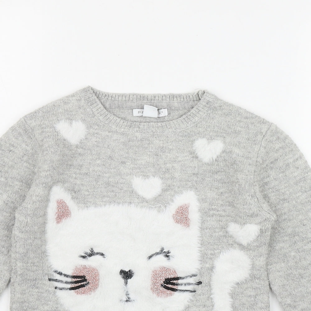 Primark Girls Grey Round Neck  Acrylic Pullover Jumper Size 7-8 Years   - Cat