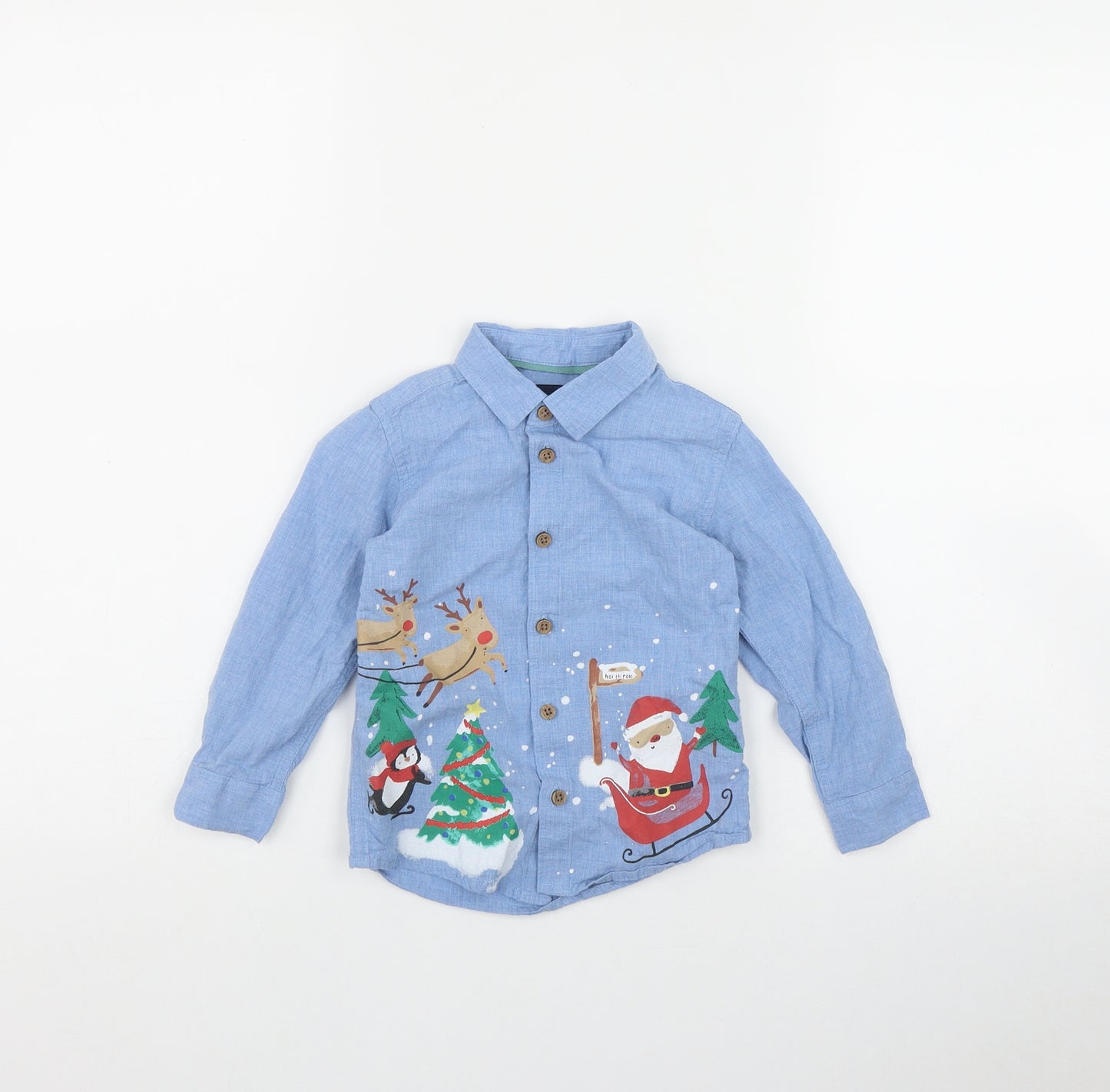 NEXT Boys Blue  Cotton Basic Button-Up Size 18-24 Months Collared Button - Christmas Scene