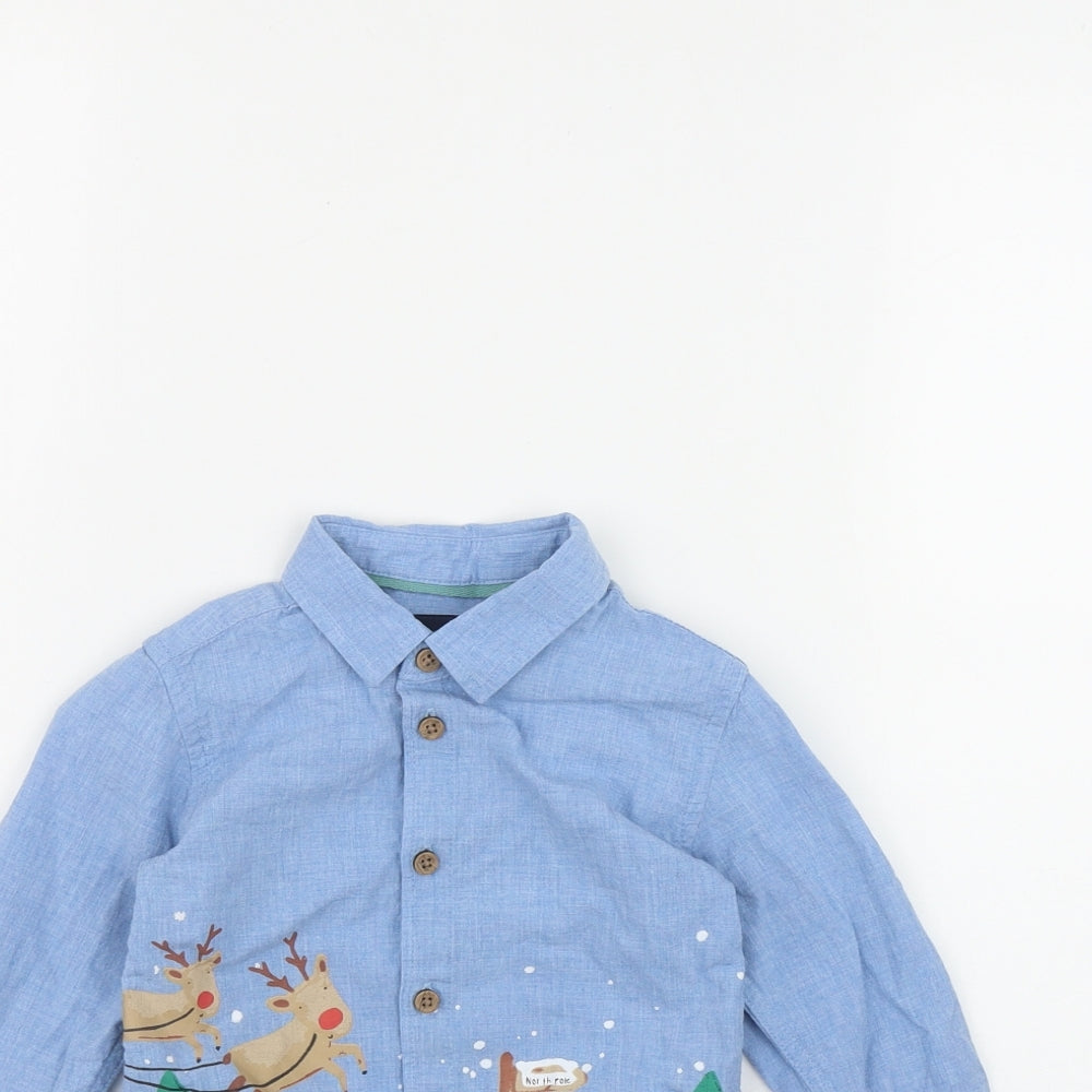 NEXT Boys Blue  Cotton Basic Button-Up Size 18-24 Months Collared Button - Christmas Scene