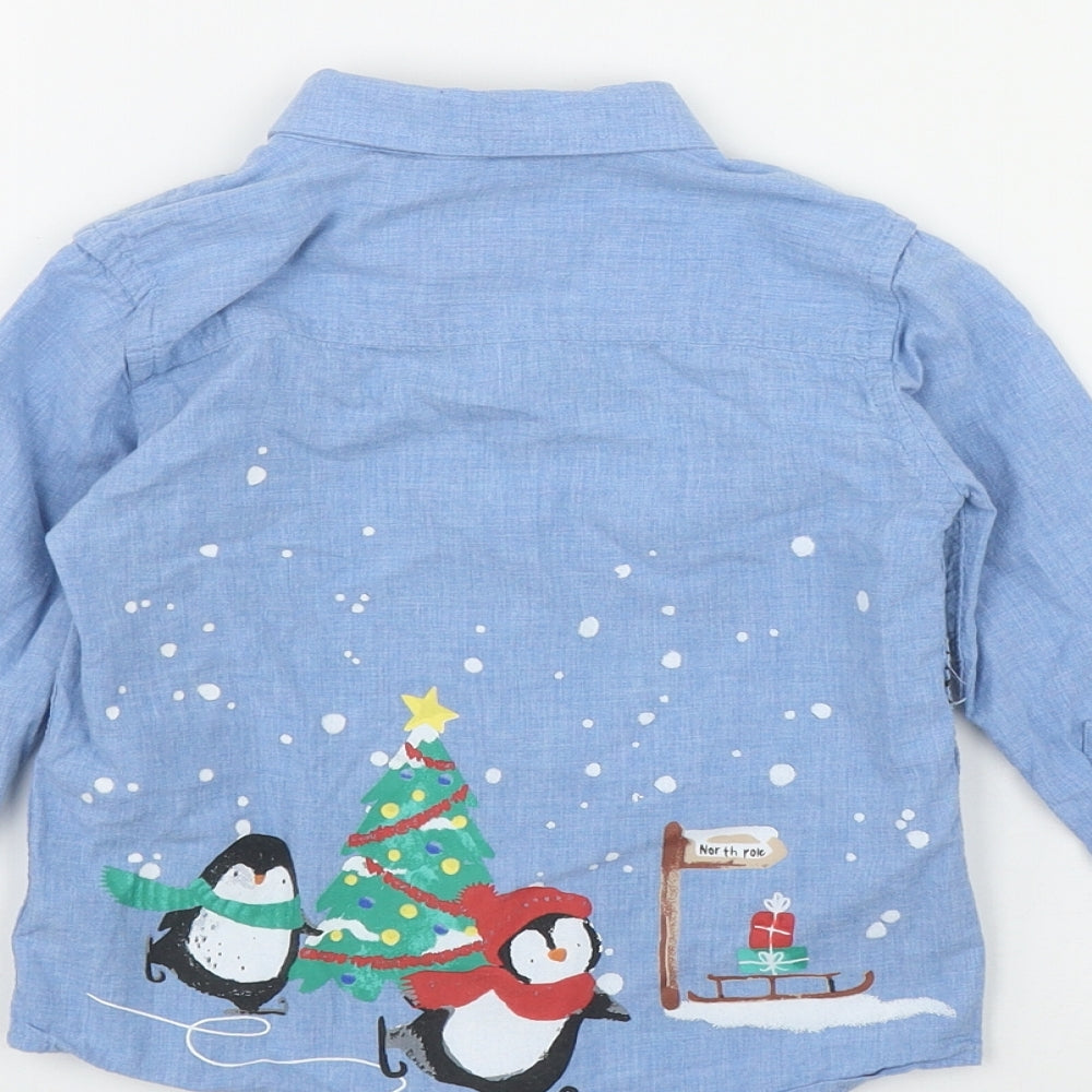 NEXT Boys Blue  Cotton Basic Button-Up Size 18-24 Months Collared Button - Christmas Scene