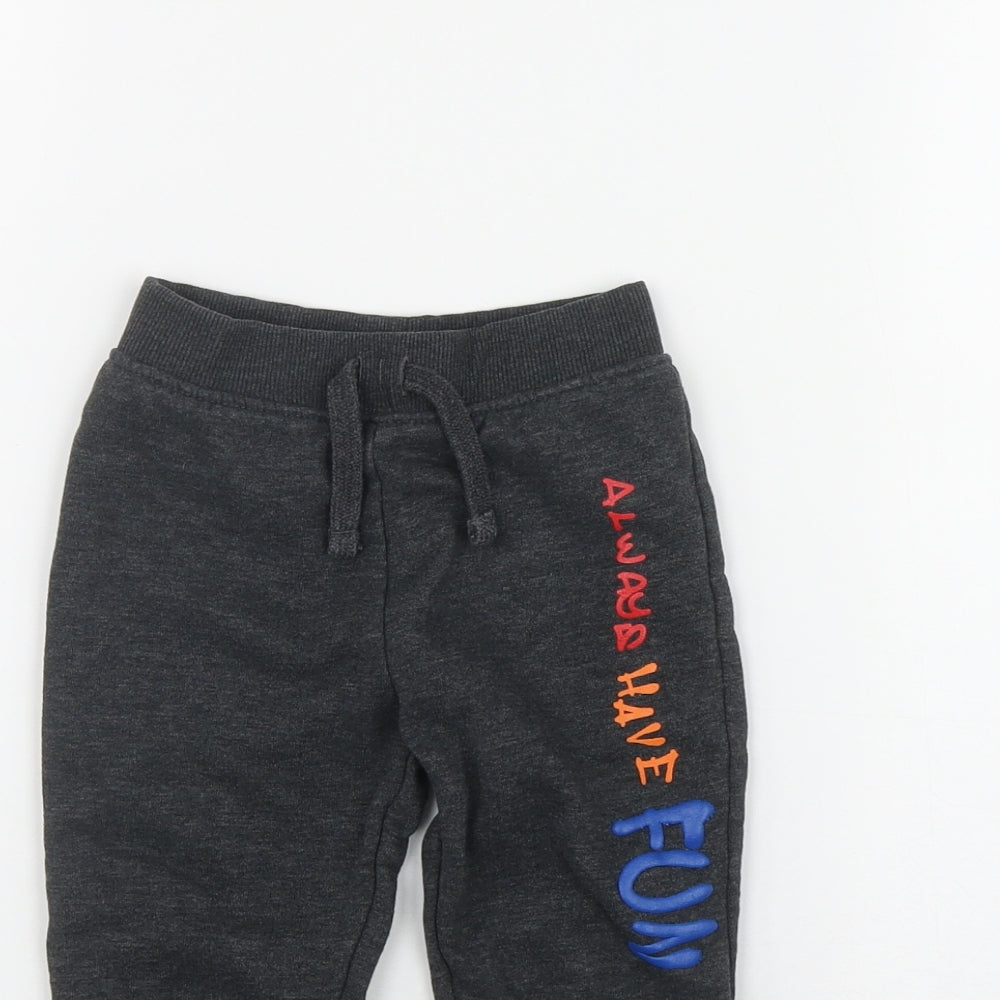 Dunnes Stores Boys Grey  Cotton Jogger Trousers Size 12-18 Months   - 'Always have fun'