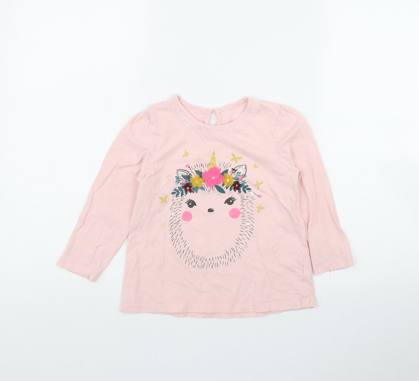 Matalan Girls Pink  Cotton Basic T-Shirt Size 5-6 Years Round Neck Button - Hedgehog
