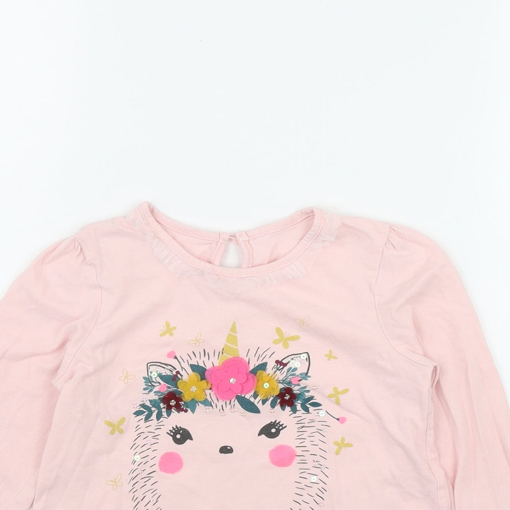 Matalan Girls Pink  Cotton Basic T-Shirt Size 5-6 Years Round Neck Button - Hedgehog