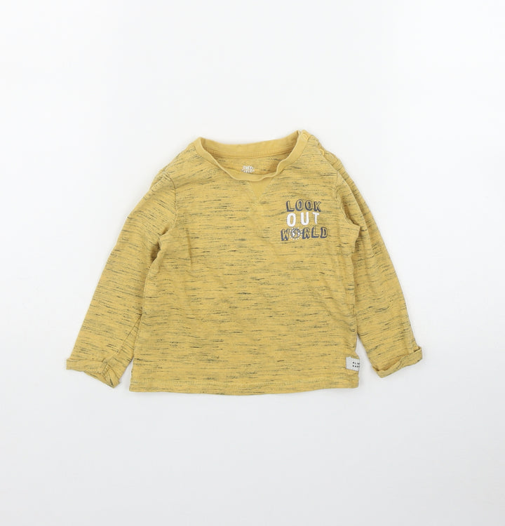 F&F Boys Yellow Cotton Basic T-Shirt Size 12-18 Months Round Neck Snap - 'Look out worls'