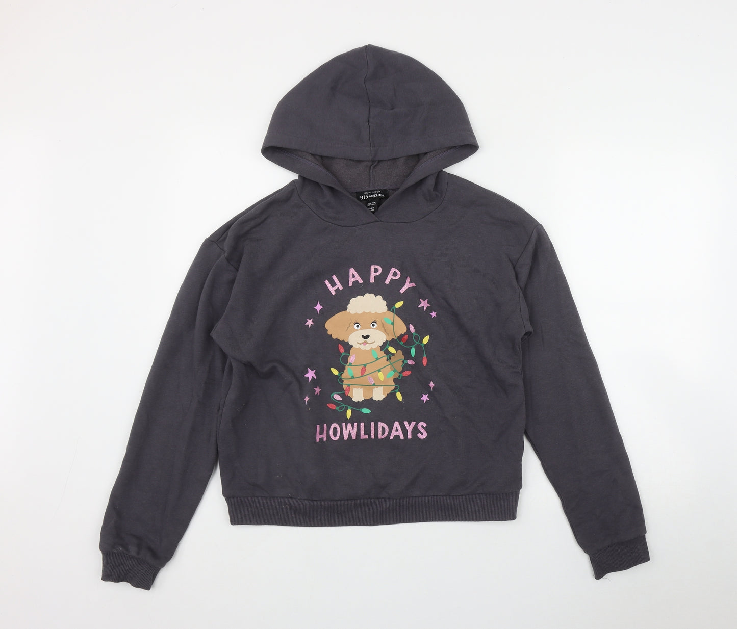 New Look Girls Grey  Cotton Pullover Hoodie Size 14-15 Years   - 'Happy Howlidays'