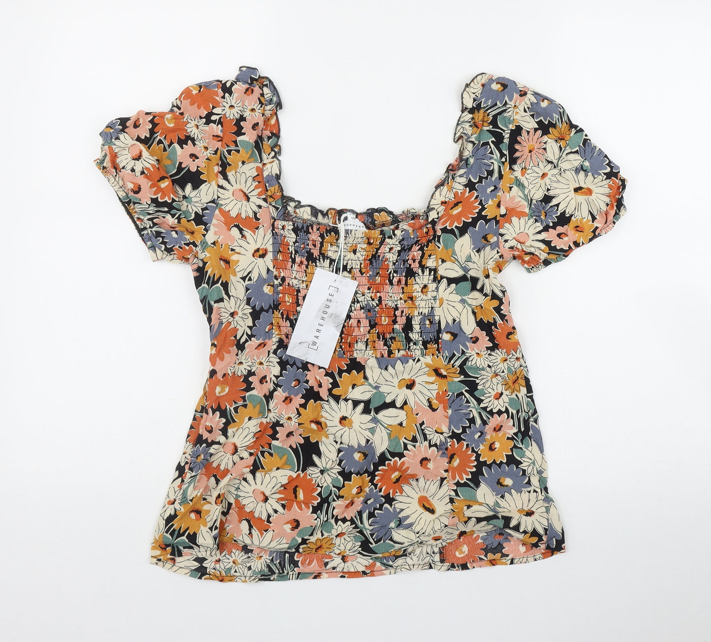 Warehouse Womens Multicoloured Floral Viscose Basic T-Shirt Size 10 Square Neck