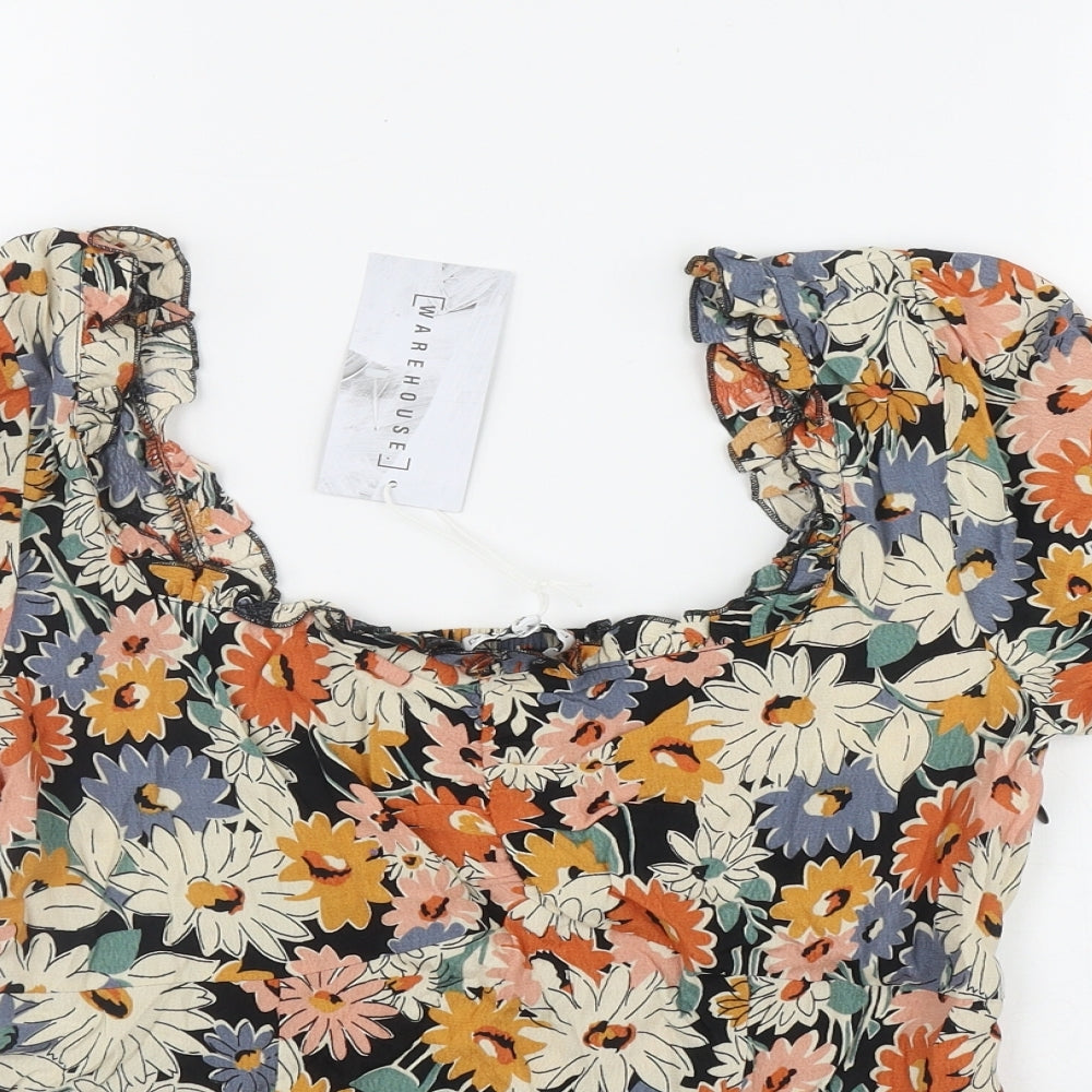Warehouse Womens Multicoloured Floral Viscose Basic T-Shirt Size 10 Square Neck