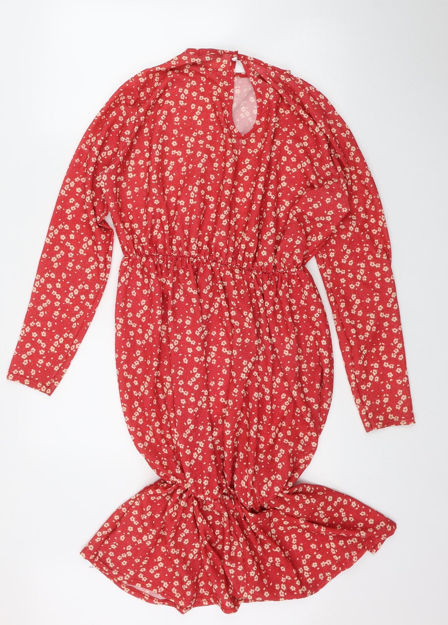 PRETTYLITTLETHING Womens Red Floral Polyester Fit & Flare  Size 10  Round Neck Button