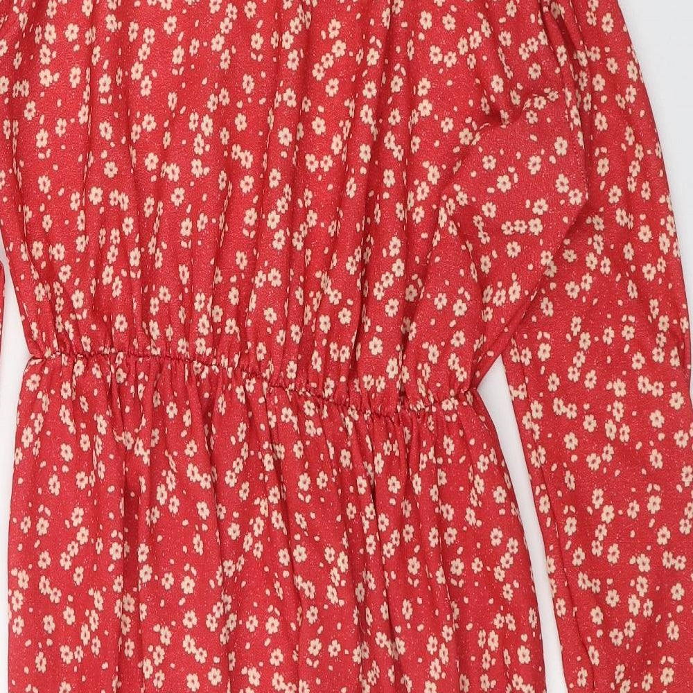 PRETTYLITTLETHING Womens Red Floral Polyester Fit & Flare  Size 10  Round Neck Button