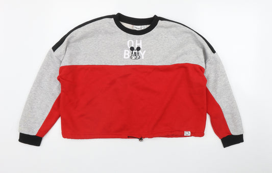 Front view of Primark women’s red polyester pullover sweatshirt, size UK 6, drawstring - mickey mouse