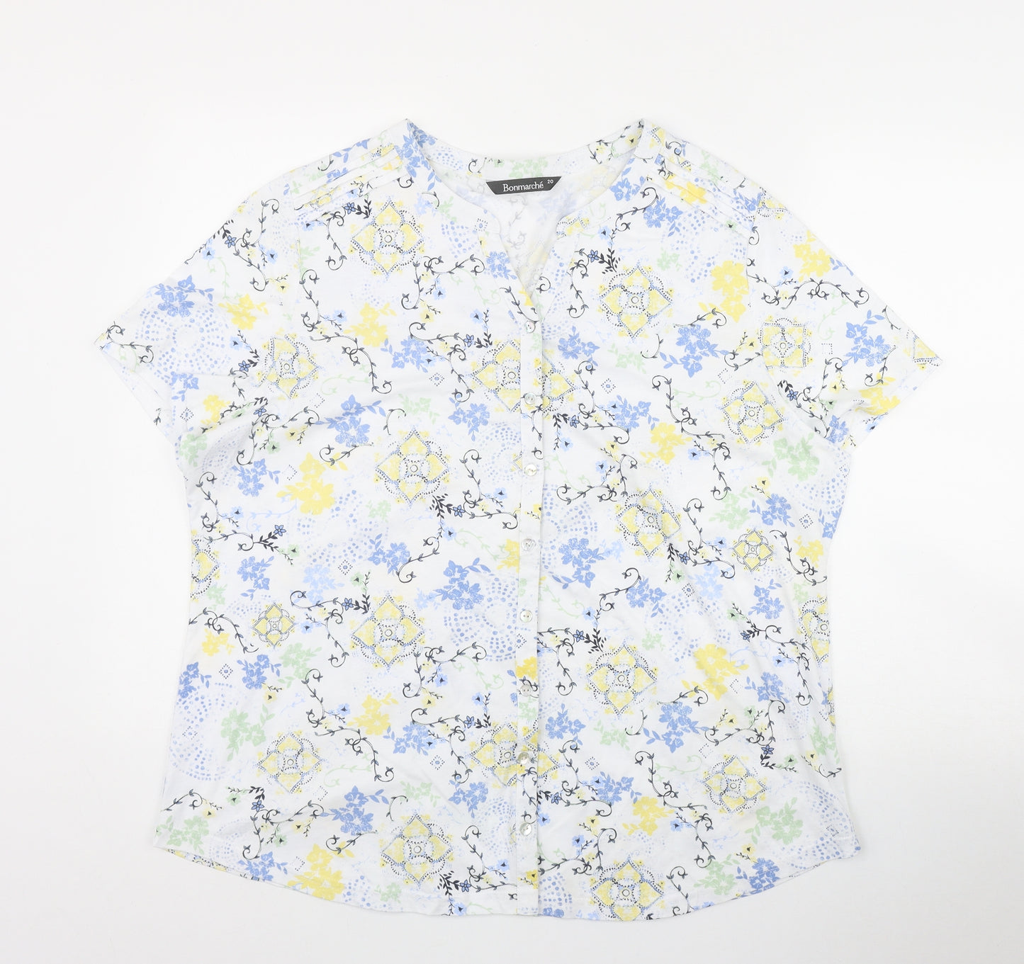 Bonmarché Womens White Floral Cotton Basic Button-Up Size 20 V-Neck